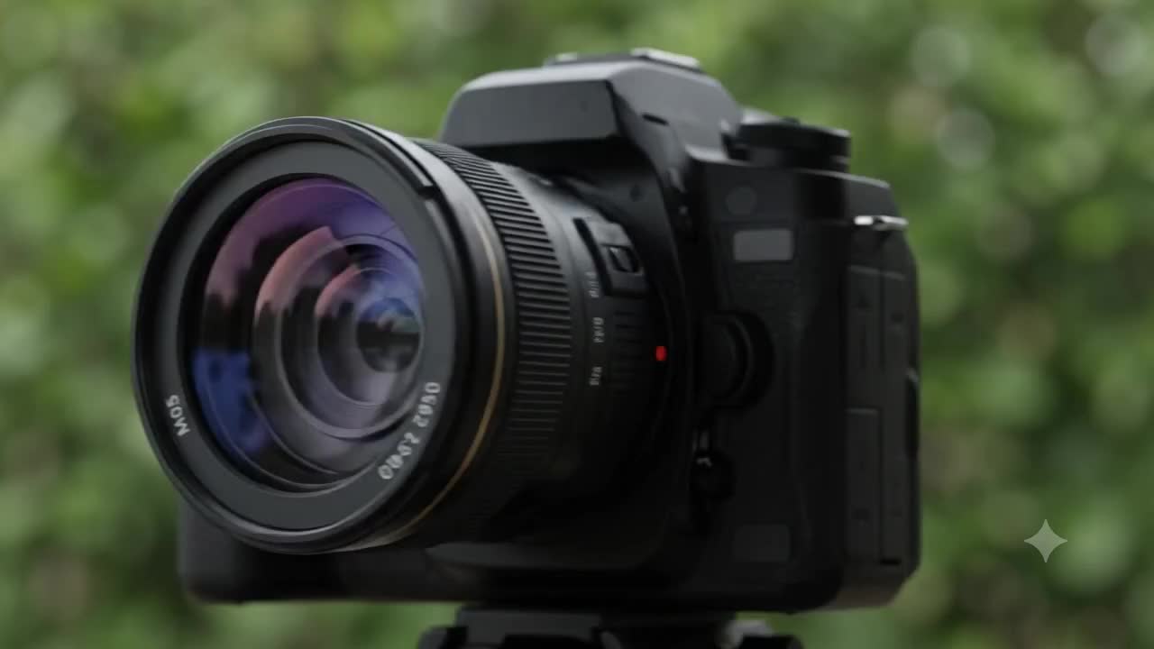 The Nexus X1 DSLR on a tripod in front of dense green foliage
